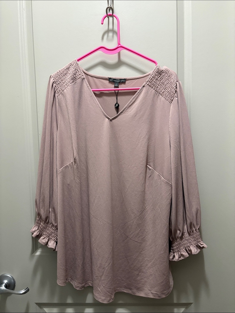 Adrianna Papell Dusty Blush V-Neck Smocked Sleeve Tunic